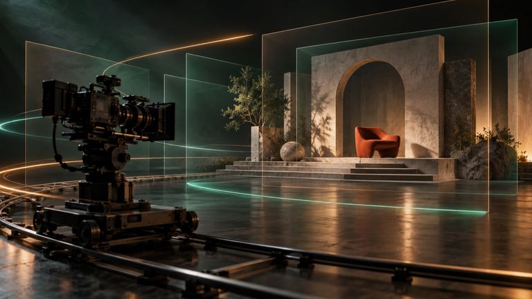 Cinema camera on a curved track facing an architectural set with layered framing planes