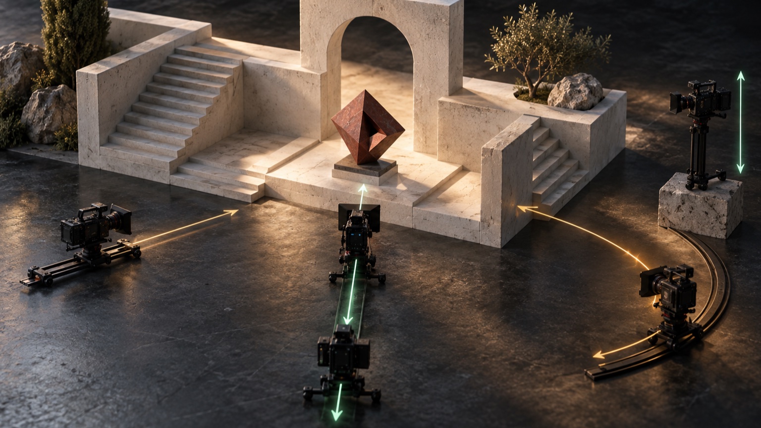 Camera positions around an architectural model showing different movement directions