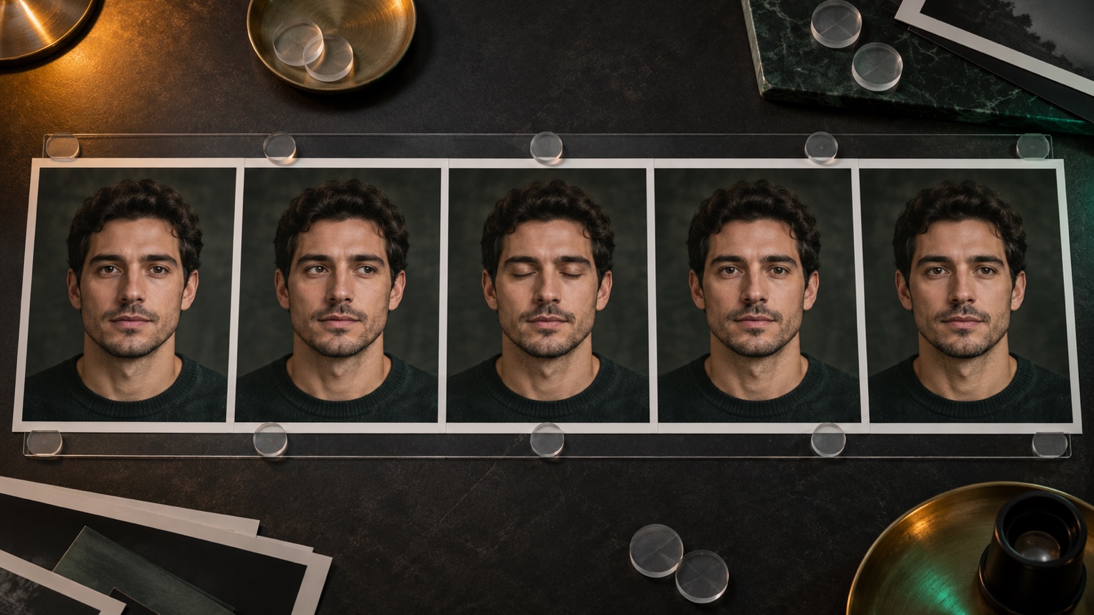 Five portrait frames used to review facial identity through a video