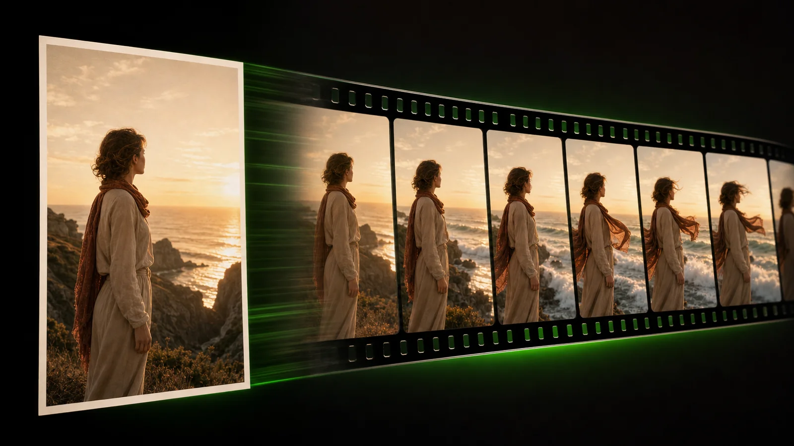 Still photo transitioning into an AI-animated video sequence