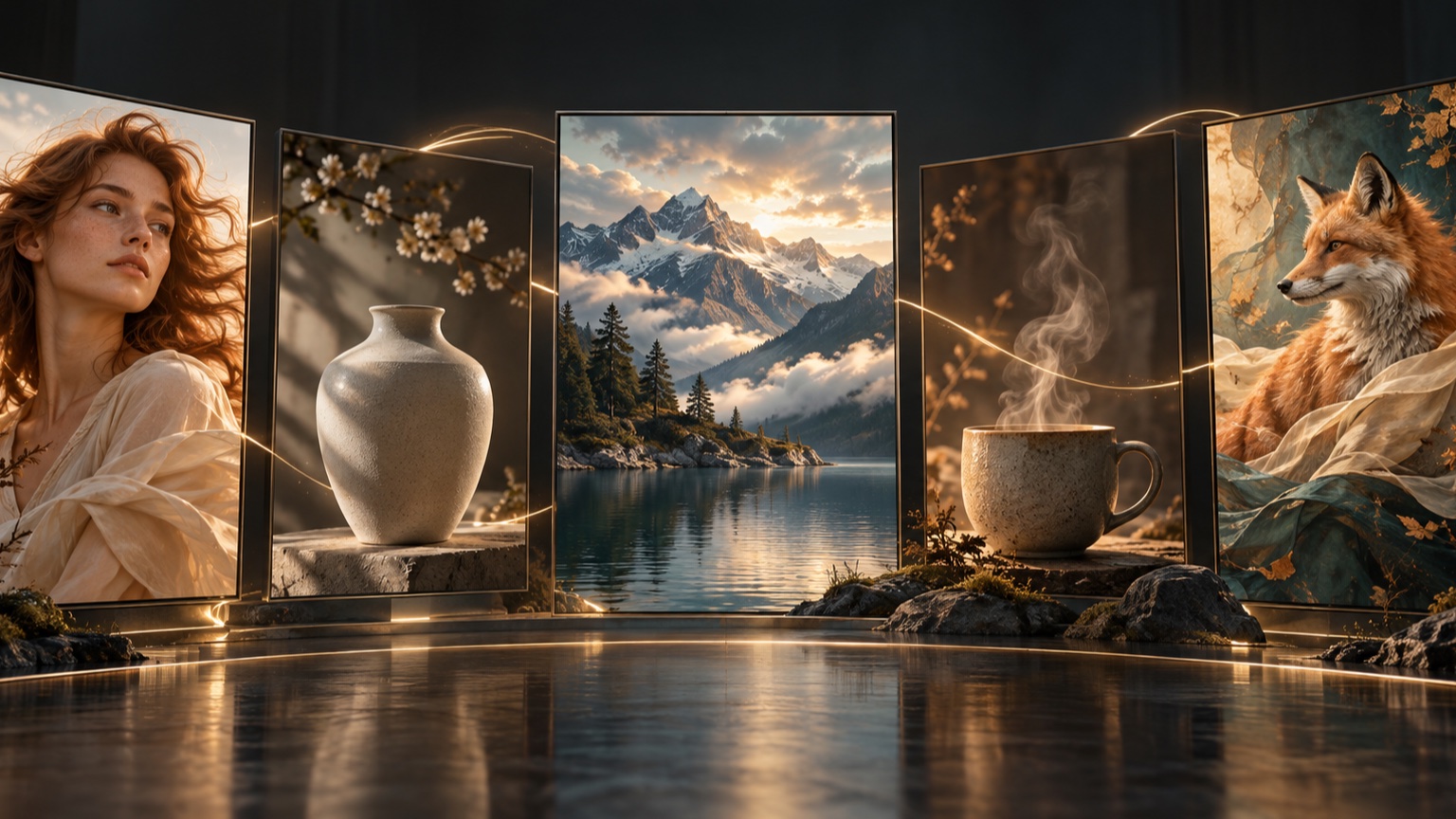 Five visual scenes connected by motion trails for an Image to Video prompt example library