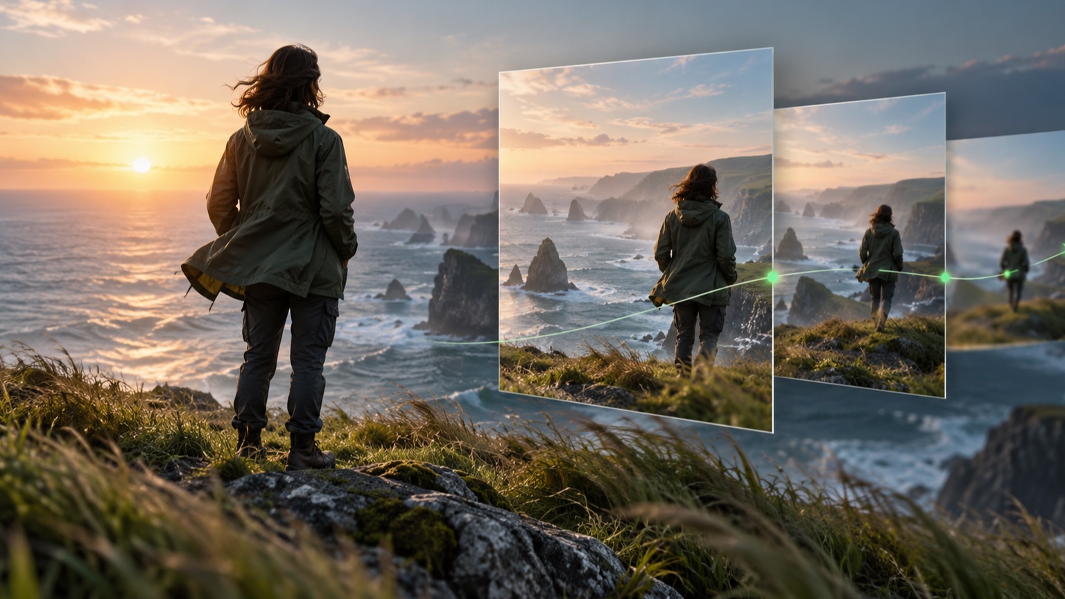 A coastal still image unfolding into controlled motion frames