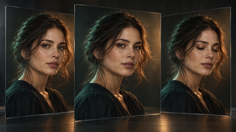 Three portrait frames showing the same face with restrained expression changes