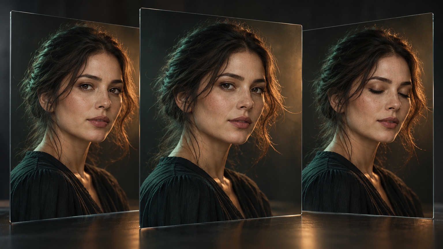 Three portrait frames showing the same face with restrained expression changes