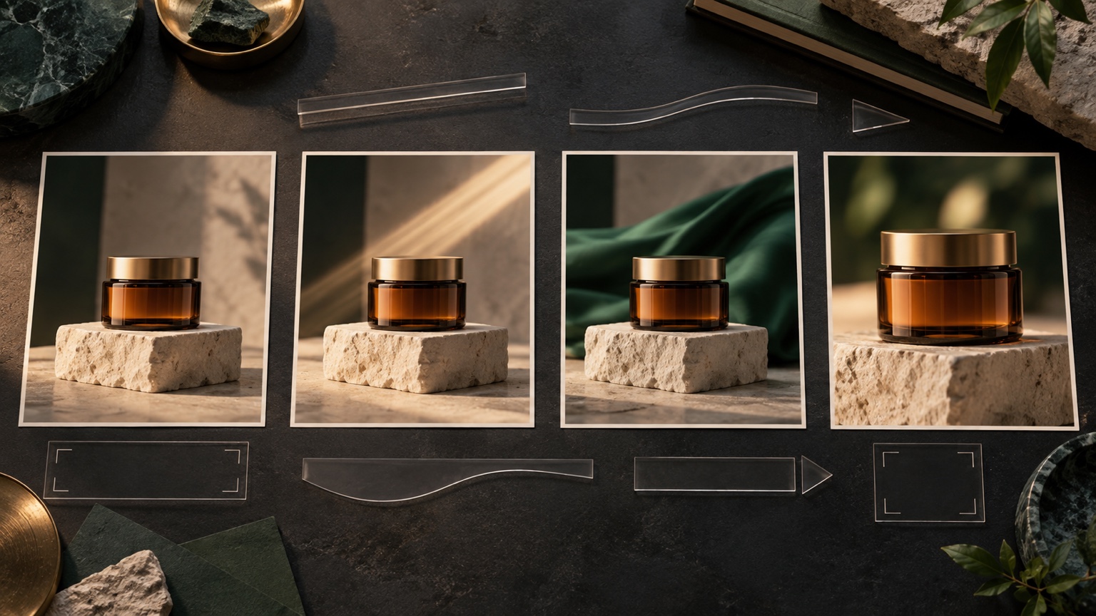 Four storyboard frames of an amber product jar with different controlled ad motion ideas
