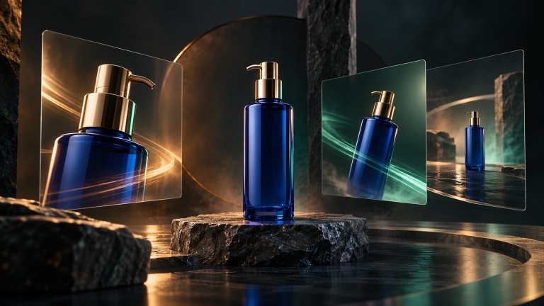 Blue skincare bottle surrounded by frames showing controlled product ad motion concepts