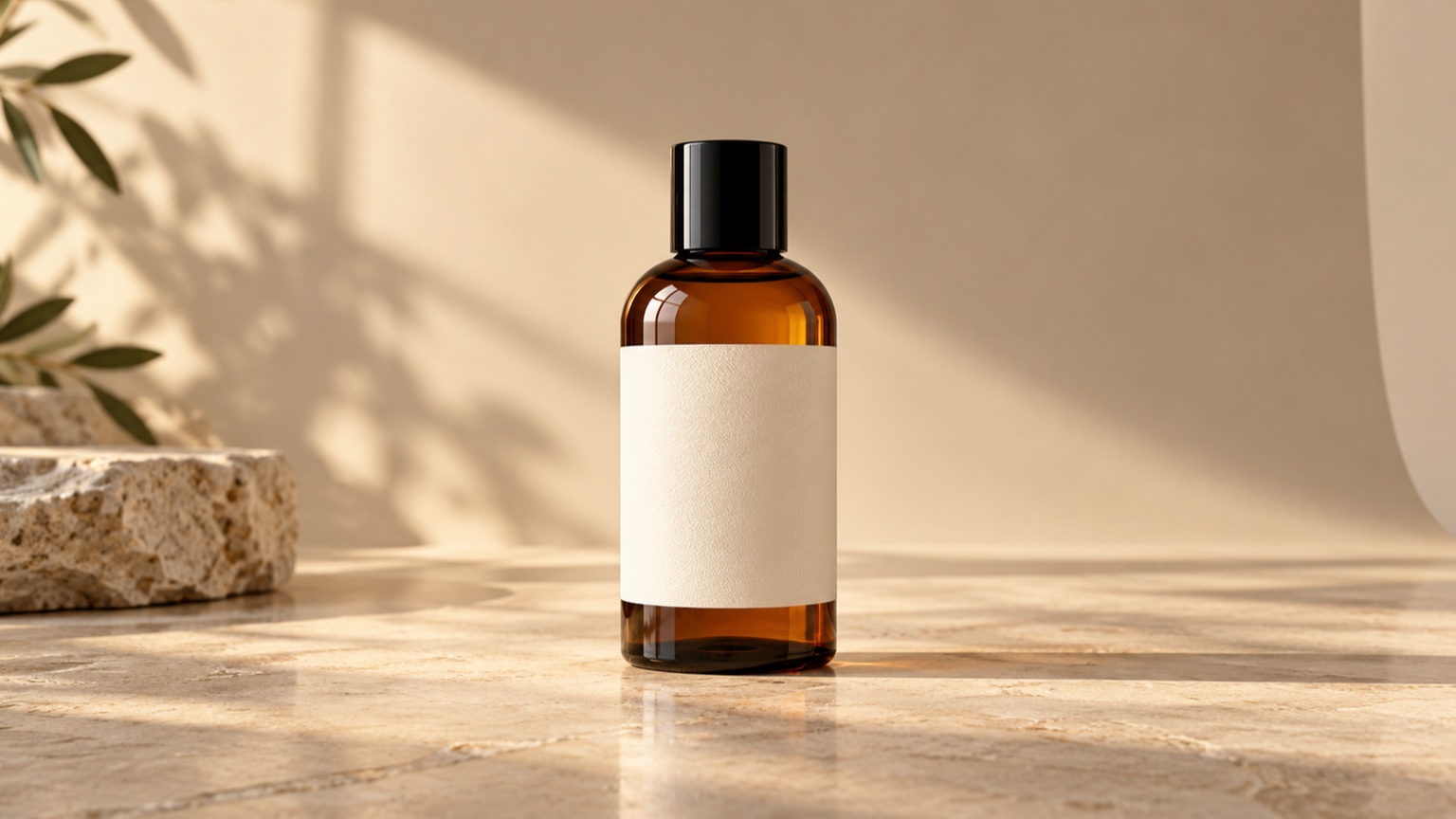 Unbranded amber bottle photographed with clear edges and space for AI video motion