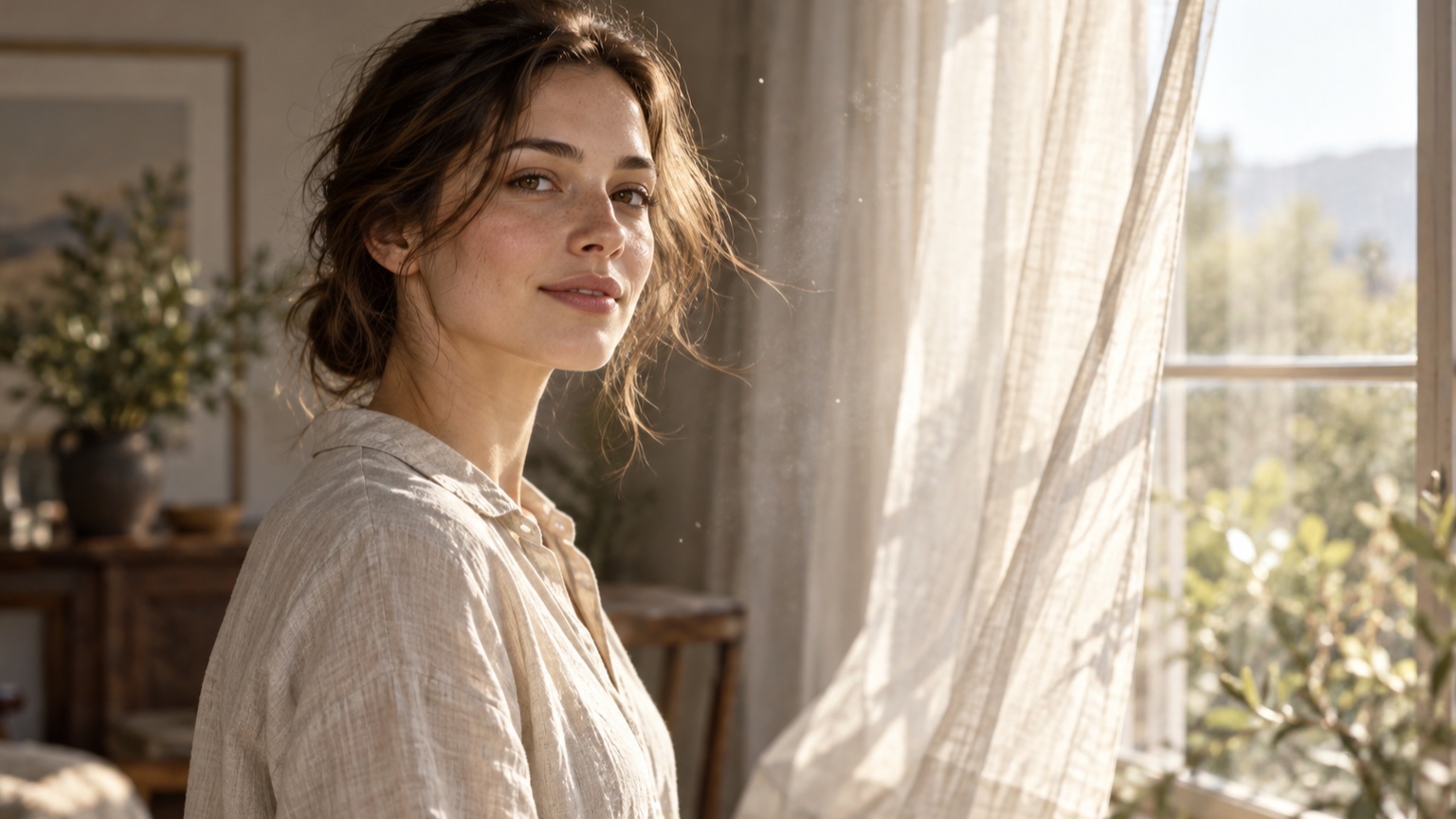 Portrait beside a sunlit window with subtle hair curtain and atmosphere motion