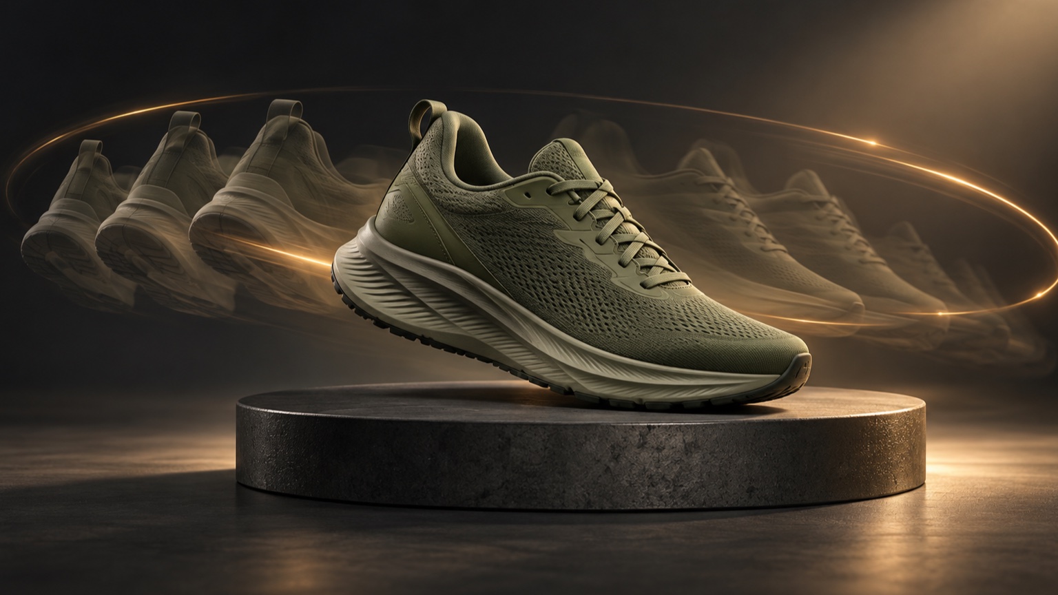 Olive running shoe with subtle motion trails illustrating a product photo becoming a video
