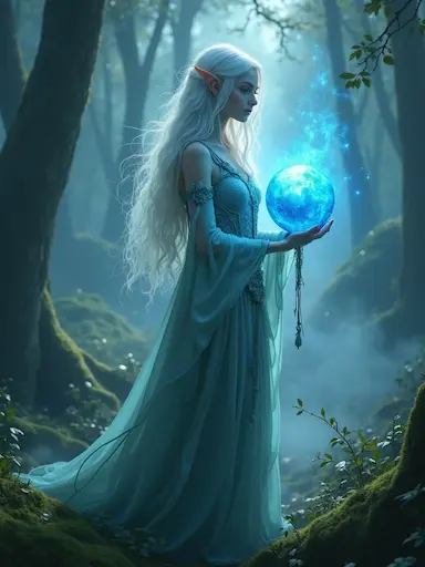 An elven sorceress holding a glowing orb in a misty forest, created with AI image to video generation.