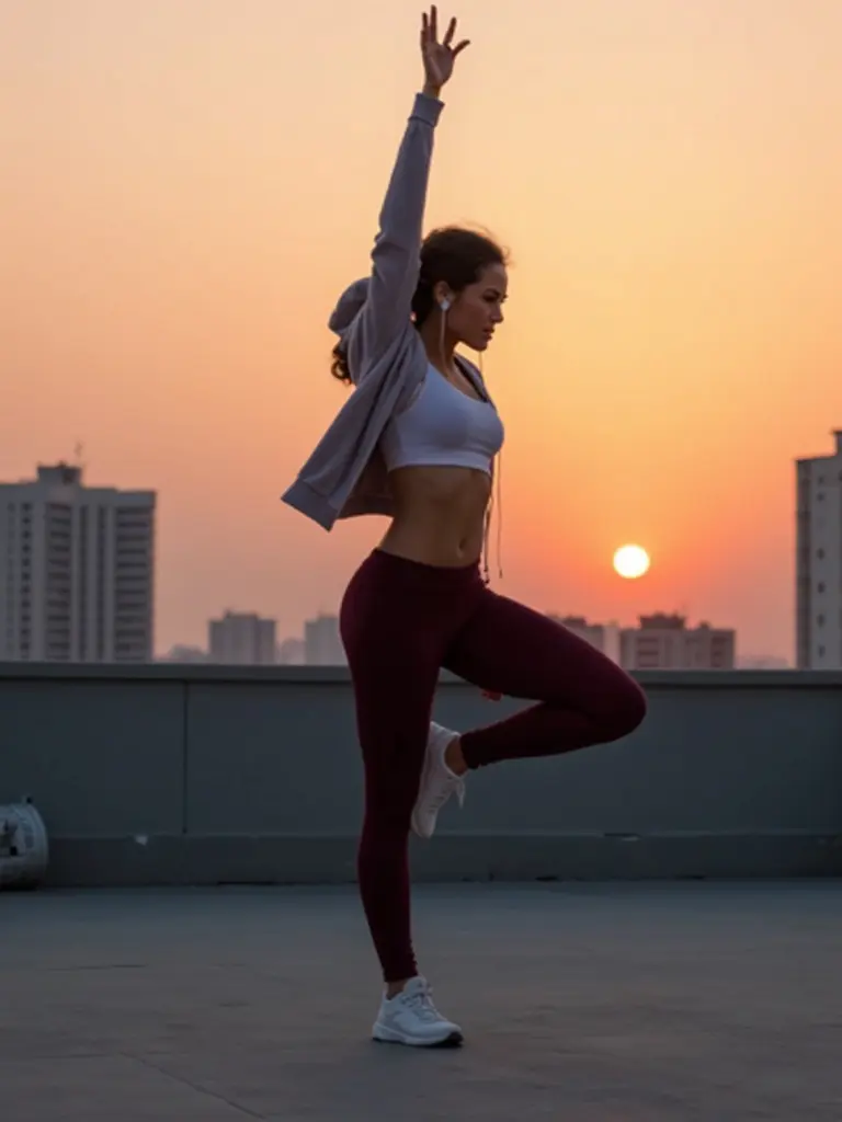 A female street dancer stretching on a rooftop at sunrise, from AI-generated image to video workflow.